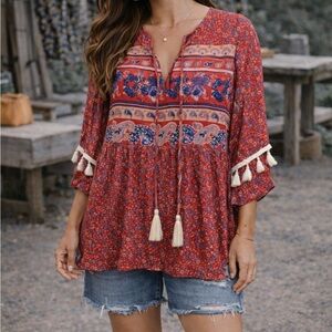 Bohemian Floral Tassel Blouse - Red
